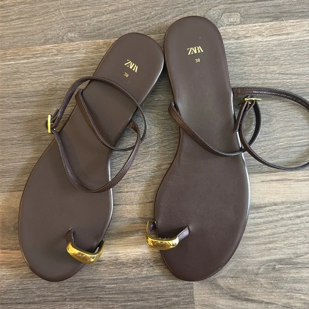 Zara Brown Leather Metal Toe Ring Sandals Size 38 - Picture 7 of 10